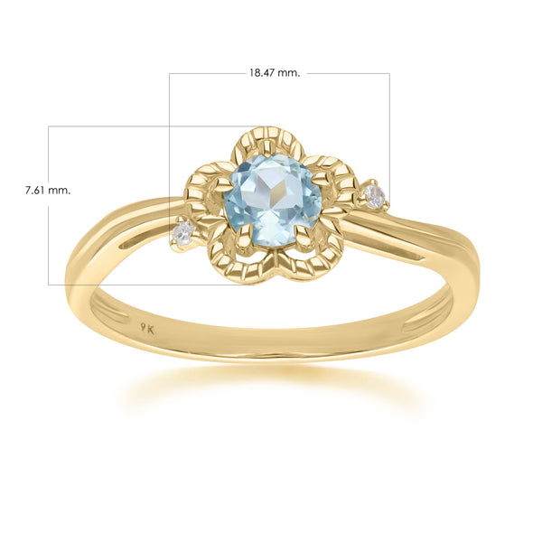 Gemondo Floral Round Blue Topaz & Diamond Ring In 9ct Yellow Gold