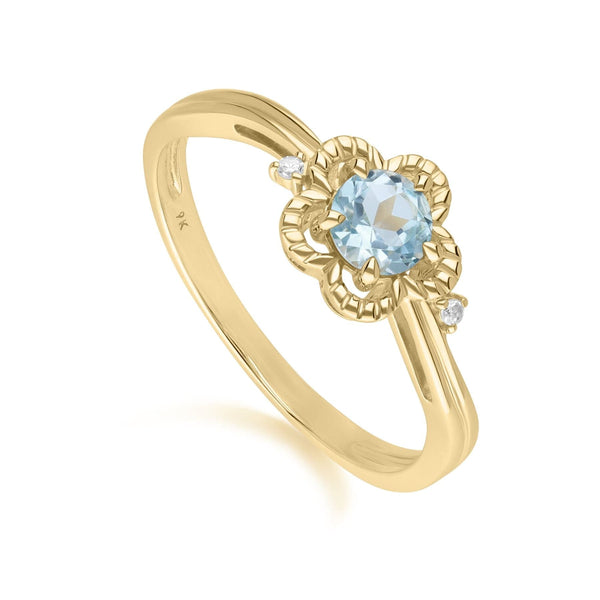 gemondo Floral Round Blue Topaz & Diamond Ring in 9ct Yellow Gold