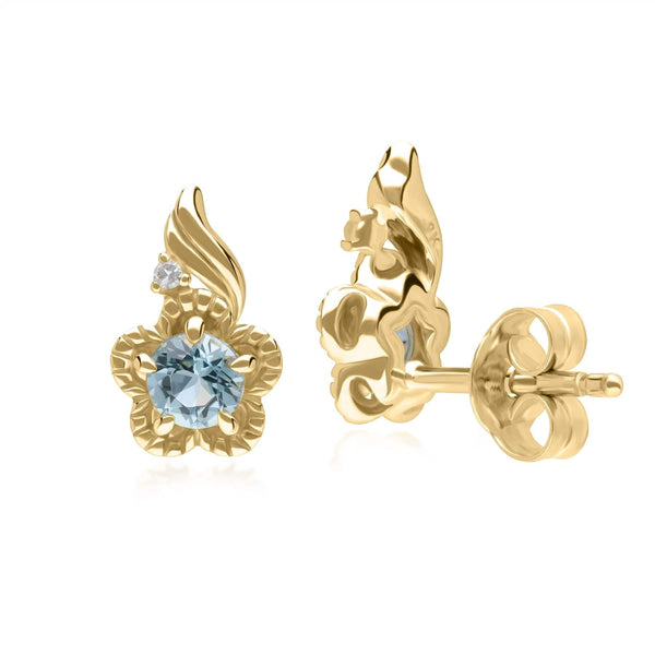 Gemondo Floral Round Blue Topaz & Diamond Stud Earrings In 9ct Yellow Gold