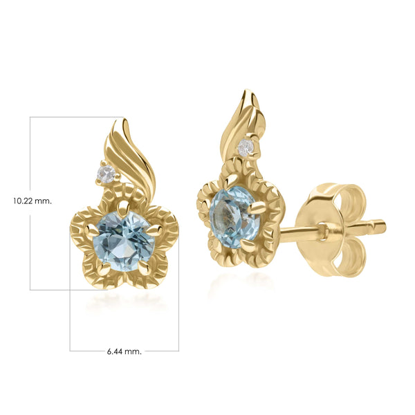 Gemondo Floral Round Blue Topaz & Diamond Stud Earrings In 9ct Yellow Gold