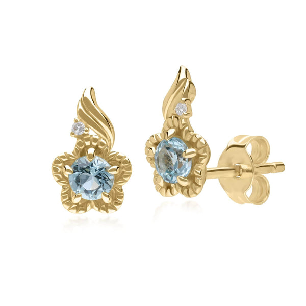 gemondo Floral Round Blue Topaz & Diamond Stud Earrings in 9ct Yellow Gold