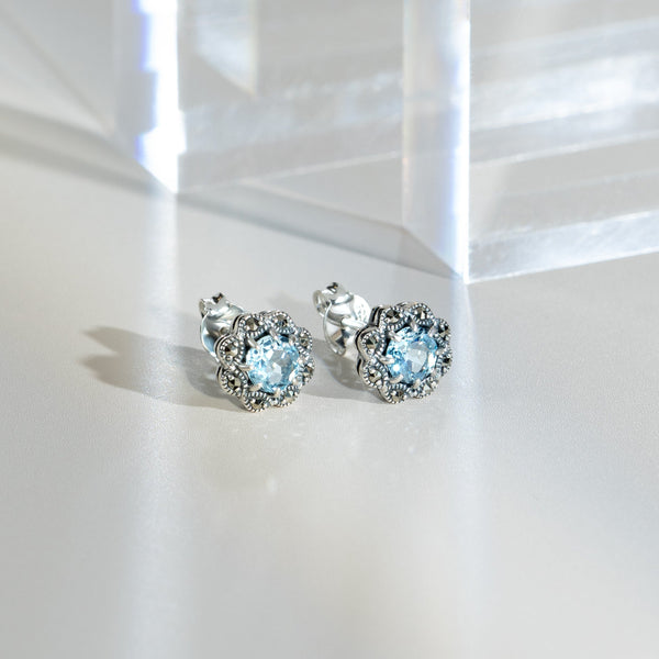 Gemondo Floral Round Blue Topaz & Marcasite Cluster Stud Earrings In 925 Sterling Silver