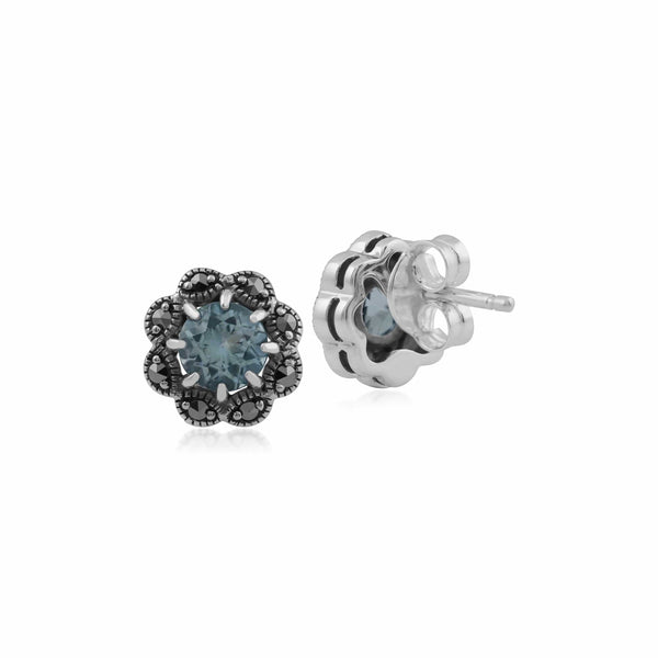 Gemondo Floral Round Blue Topaz & Marcasite Cluster Stud Earrings In 925 Sterling Silver