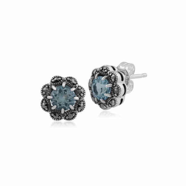 gemondo Floral Round Blue Topaz & Marcasite Cluster Stud Earrings in 925 Sterling Silver