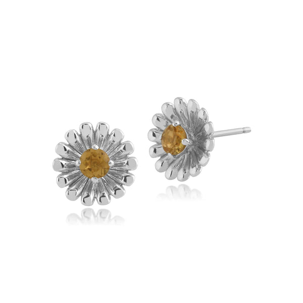 gemondo Floral Round Citrine Daisy Flower Stud Earrings in 925 Sterling Silver