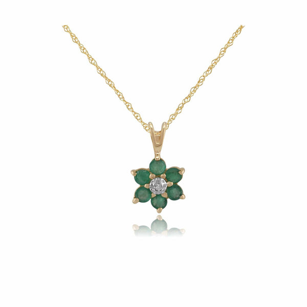 gemondo Floral Round Emerald & Diamond Cluster Pendant in 9ct Yellow Gold