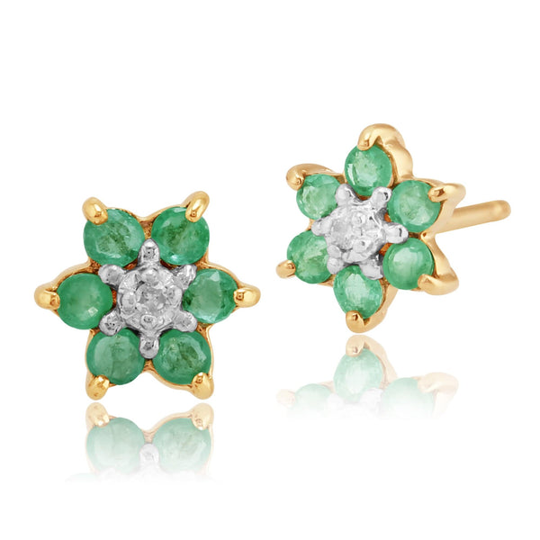 gemondo Floral Round Emerald & Diamond Cluster Stud Earrings in 9ct Yellow Gold