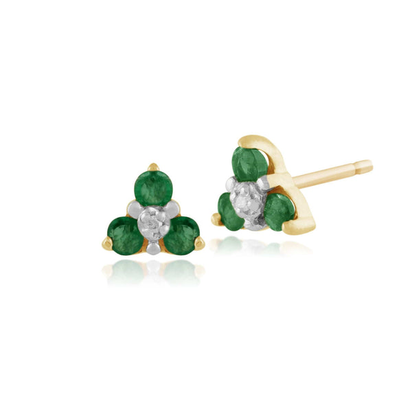 gemondo Floral Round Emerald & Diamond Cluster Stud Earrings in 9ct Yellow Gold