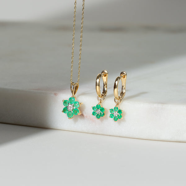 Gemondo Floral Round Emerald & Diamond Omega Clip Hoop Earrings In 9ct Yellow Gold