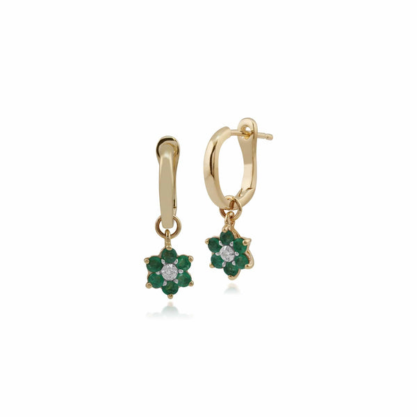 gemondo Floral Round Emerald & Diamond Omega Clip Hoop Earrings in 9ct Yellow Gold