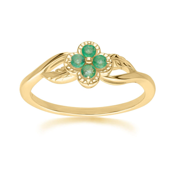 gemondo Floral Round Emerald Ring in 9ct Yellow Gold