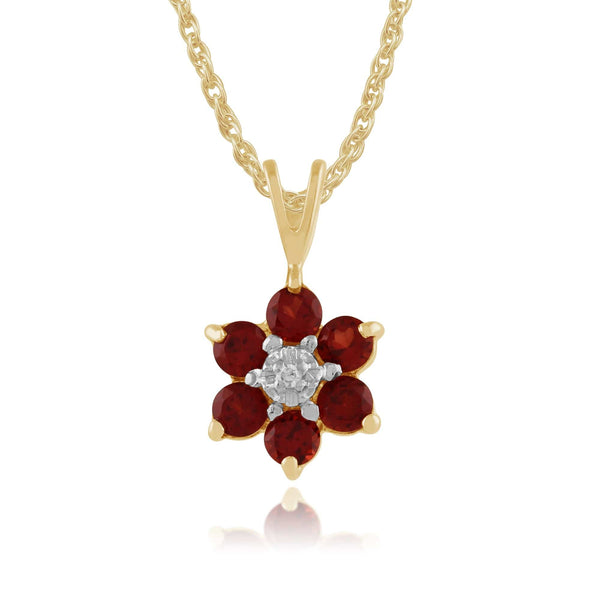 gemondo Floral Round Garnet & Diamond Cluster Pendant in 9ct Yellow Gold