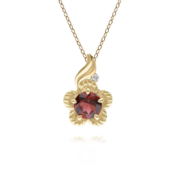 gemondo Floral Round Garnet & Diamond Pendant in 9ct Yellow Gold
