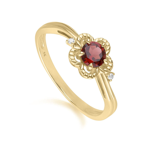 gemondo Floral Round Garnet & Diamond Ring in 9ct Yellow Gold