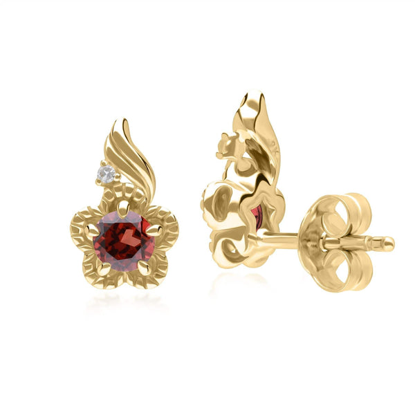 Gemondo Floral Round Garnet & Diamond Stud Earrings In 9ct Yellow Gold