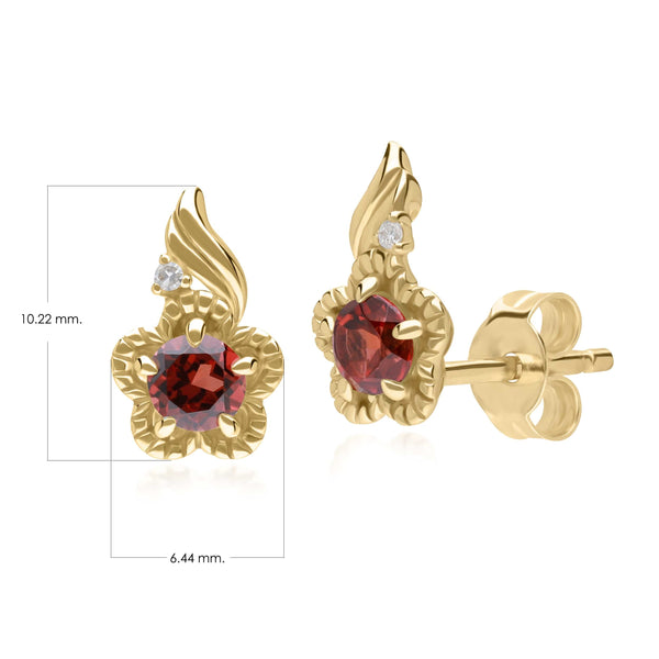 Gemondo Floral Round Garnet & Diamond Stud Earrings In 9ct Yellow Gold
