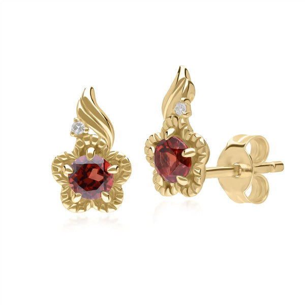 gemondo Floral Round Garnet & Diamond Stud Earrings in 9ct Yellow Gold