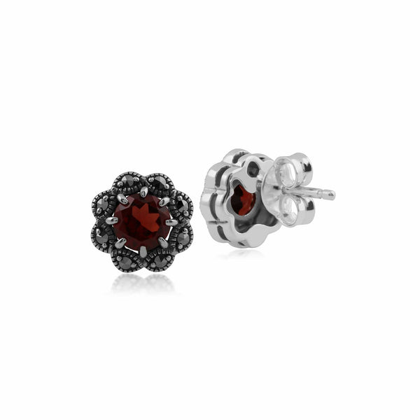 Gemondo Floral Round Garnet & Marcasite Cluster Stud Earrings In 925 Sterling Silver