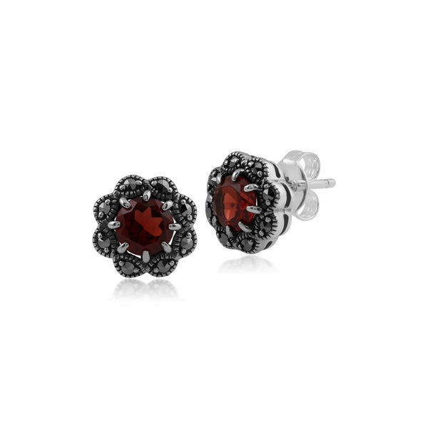 gemondo Floral Round Garnet & Marcasite Cluster Stud Earrings in 925 Sterling Silver