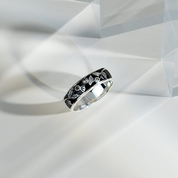 Gemondo Floral Round Marcasite & Black Enamel Thisstle Band Ring In 925 Sterling Silver