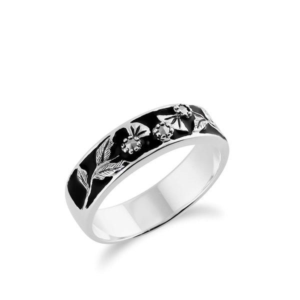 Gemondo Floral Round Marcasite & Black Enamel Thisstle Band Ring In 925 Sterling Silver