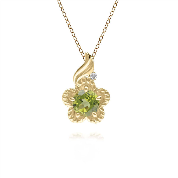 gemondo Floral Round Peridot & Diamond Pendant in 9ct Yellow Gold