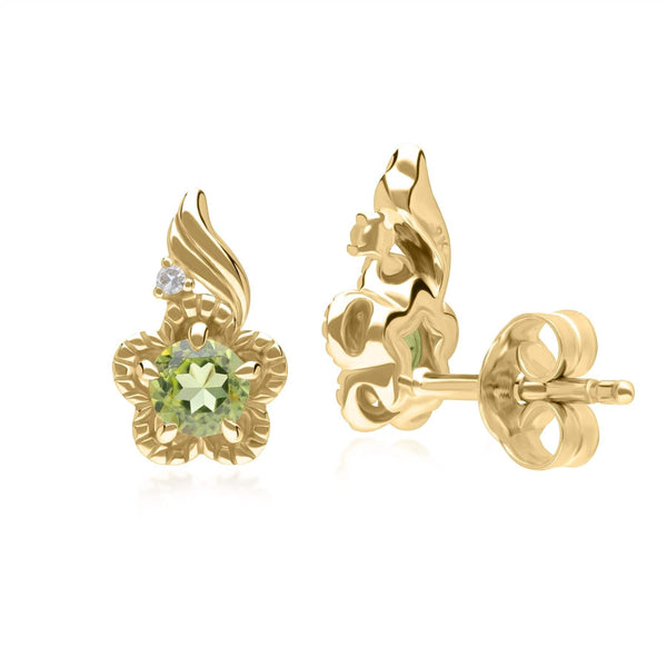 Gemondo Floral Round Peridot & Diamond Stud Earrings In 9ct Yellow Gold