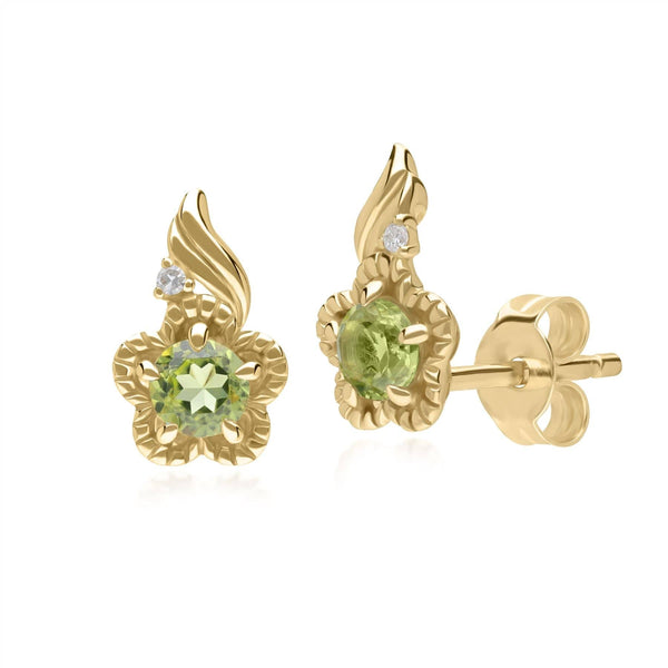 gemondo Floral Round Peridot & Diamond Stud Earrings in 9ct Yellow Gold