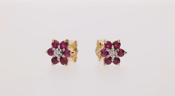 Gemondo Floral Round Ruby & Diamond Cluster Stud Earrings In 9ct Yellow Gold