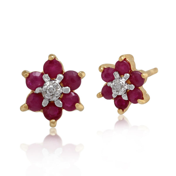 gemondo Floral Round Ruby & Diamond Cluster Stud Earrings in 9ct Yellow Gold