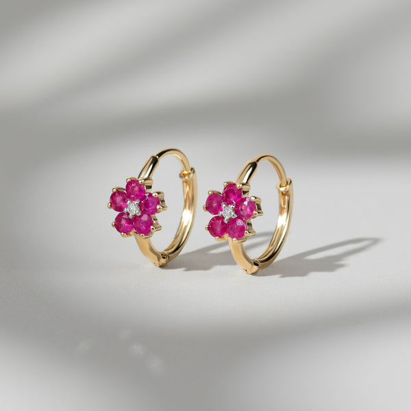 Gemondo Floral Round Ruby & Diamond Hoop Earrings In 9ct Yellow Gold