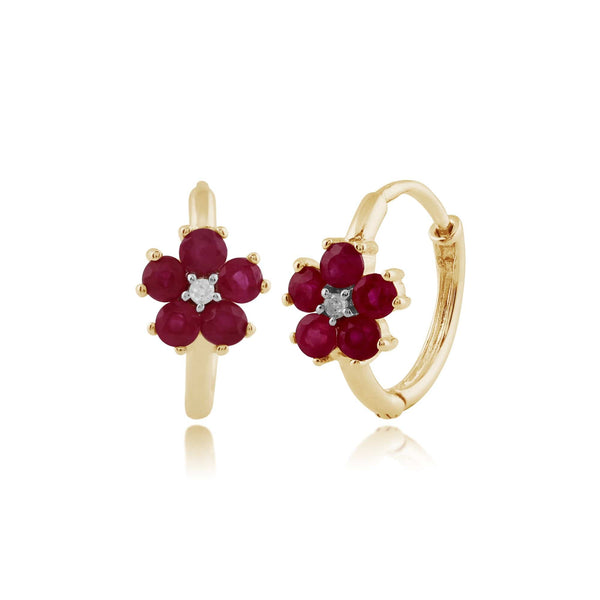 gemondo Floral Round Ruby & Diamond Hoop Earrings in 9ct Yellow Gold