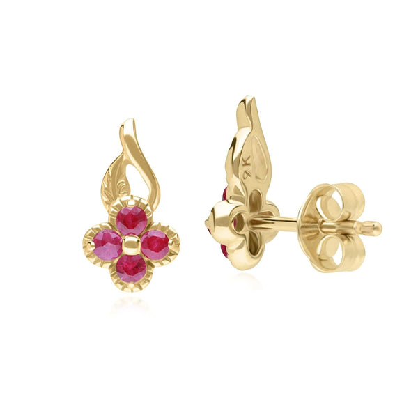 Gemondo Floral Round Ruby Stud Earrings In 9ct Yellow Gold