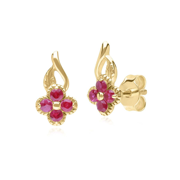 gemondo Floral Round Ruby Stud Earrings in 9ct Yellow Gold