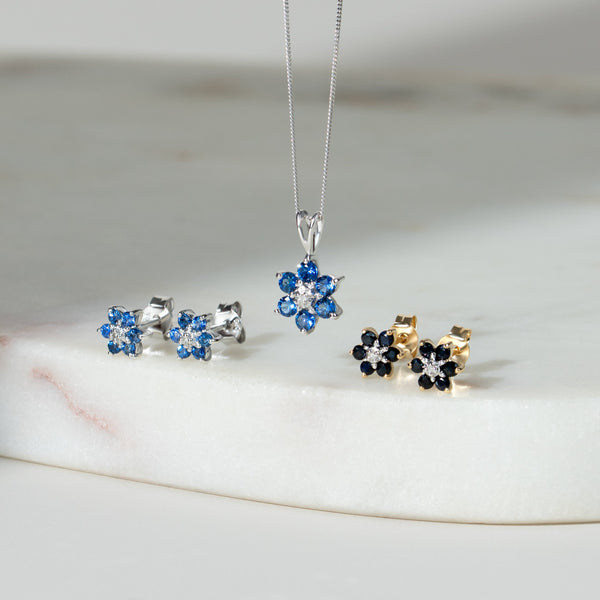 Gemondo Floral Round Sapphire & Diamond Cluster Stud Earrings In 9ct Yellow Gold