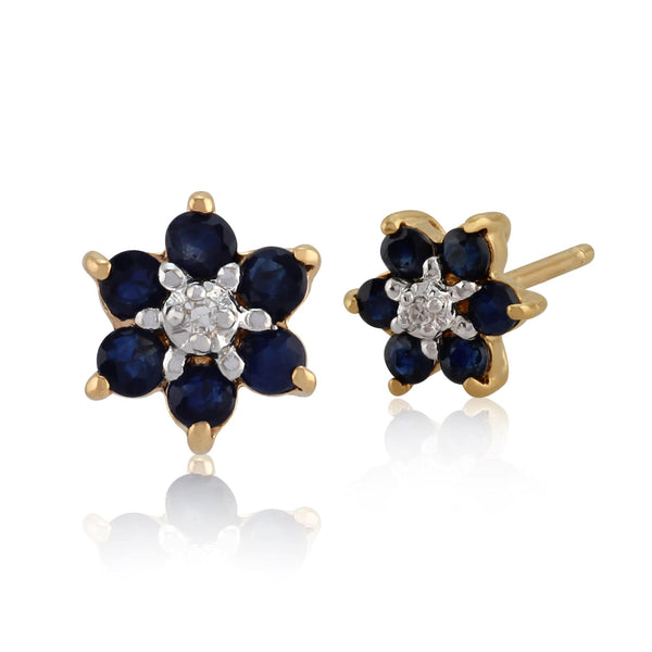 gemondo Floral Round Sapphire & Diamond Cluster Stud Earrings in 9ct Yellow Gold