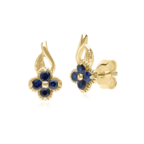 gemondo Floral Round Sapphire Stud Earrings in 9ct Yellow Gold