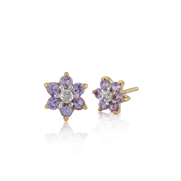 gemondo Floral Round Tanzanite & Diamond Cluster Stud Earrings in 9ct Yellow Gold