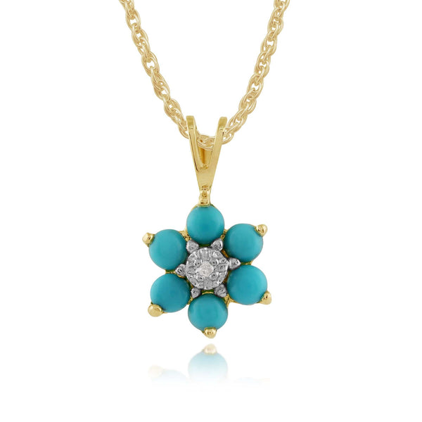 gemondo Floral Round Turquoise & Diamond Pendant in 9ct Yellow Gold