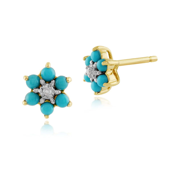 gemondo Floral Round Turquoise & Diamond Stud Earrings in 9ct Yellow Gold