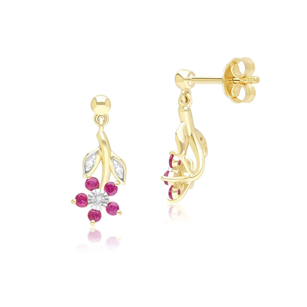 Gemondo Floral Ruby & Diamond Drop Earrings In 9ct Yellow Gold