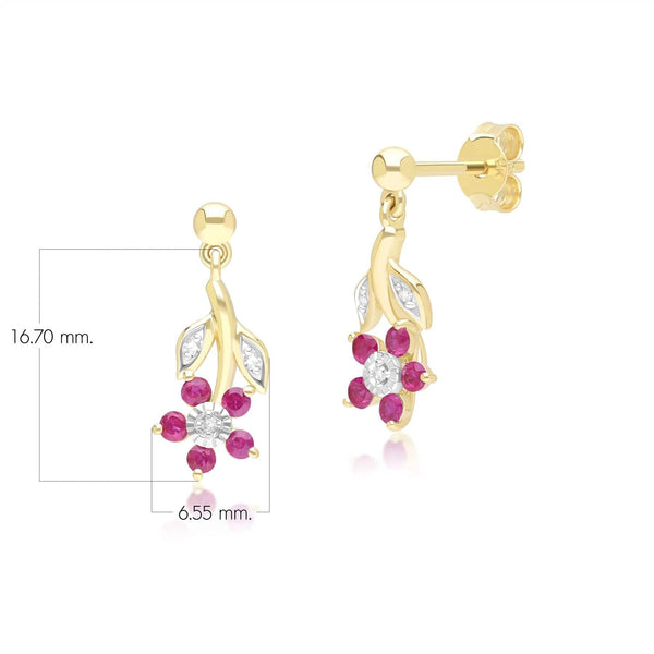 Gemondo Floral Ruby & Diamond Drop Earrings In 9ct Yellow Gold