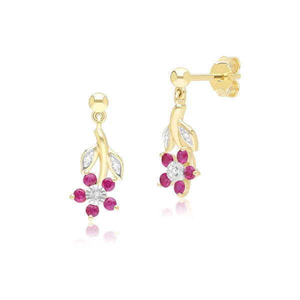 gemondo Floral Ruby & Diamond Drop Earrings in 9ct Yellow Gold