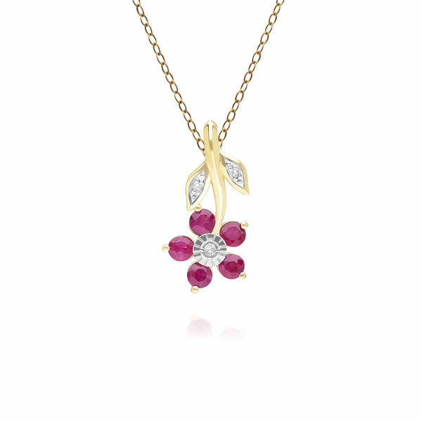 gemondo Floral Ruby & Diamond Pendant Necklace in 9ct Yellow Gold