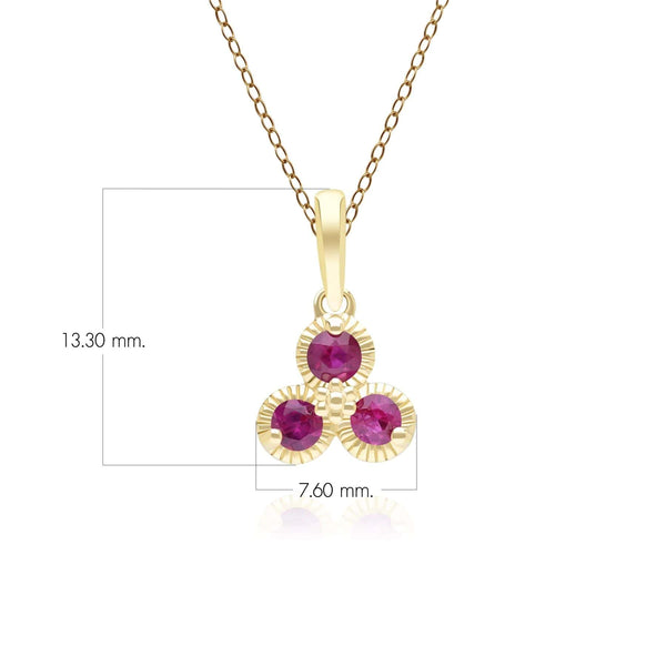Gemondo Floral Ruby Three Stone Pendant Necklace In 9ct Yellow Gold
