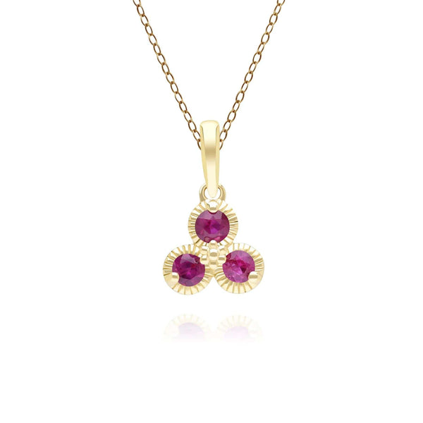 gemondo Floral Ruby Three Stone Pendant Necklace in 9ct Yellow Gold