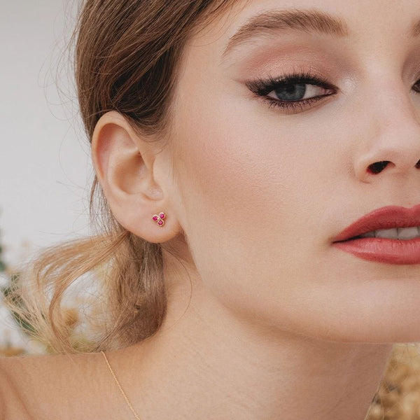 Gemondo Floral Ruby Three Stone Stud Earrings In 9ct Yellow Gold