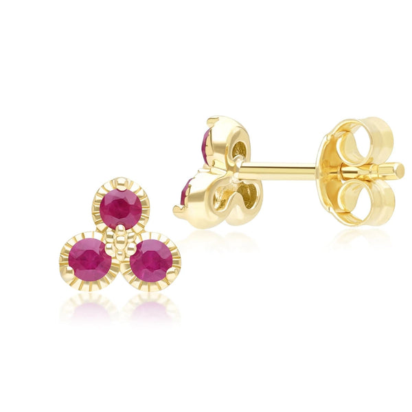 Gemondo Floral Ruby Three Stone Stud Earrings In 9ct Yellow Gold