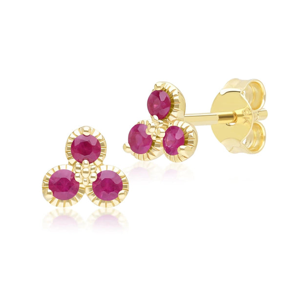 gemondo Floral Ruby Three Stone Stud Earrings in 9ct Yellow Gold