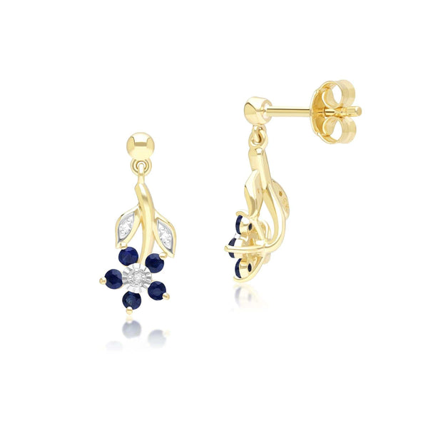 Gemondo Floral Sapphire & Diamond Drop Earrings In 9ct Yellow Gold